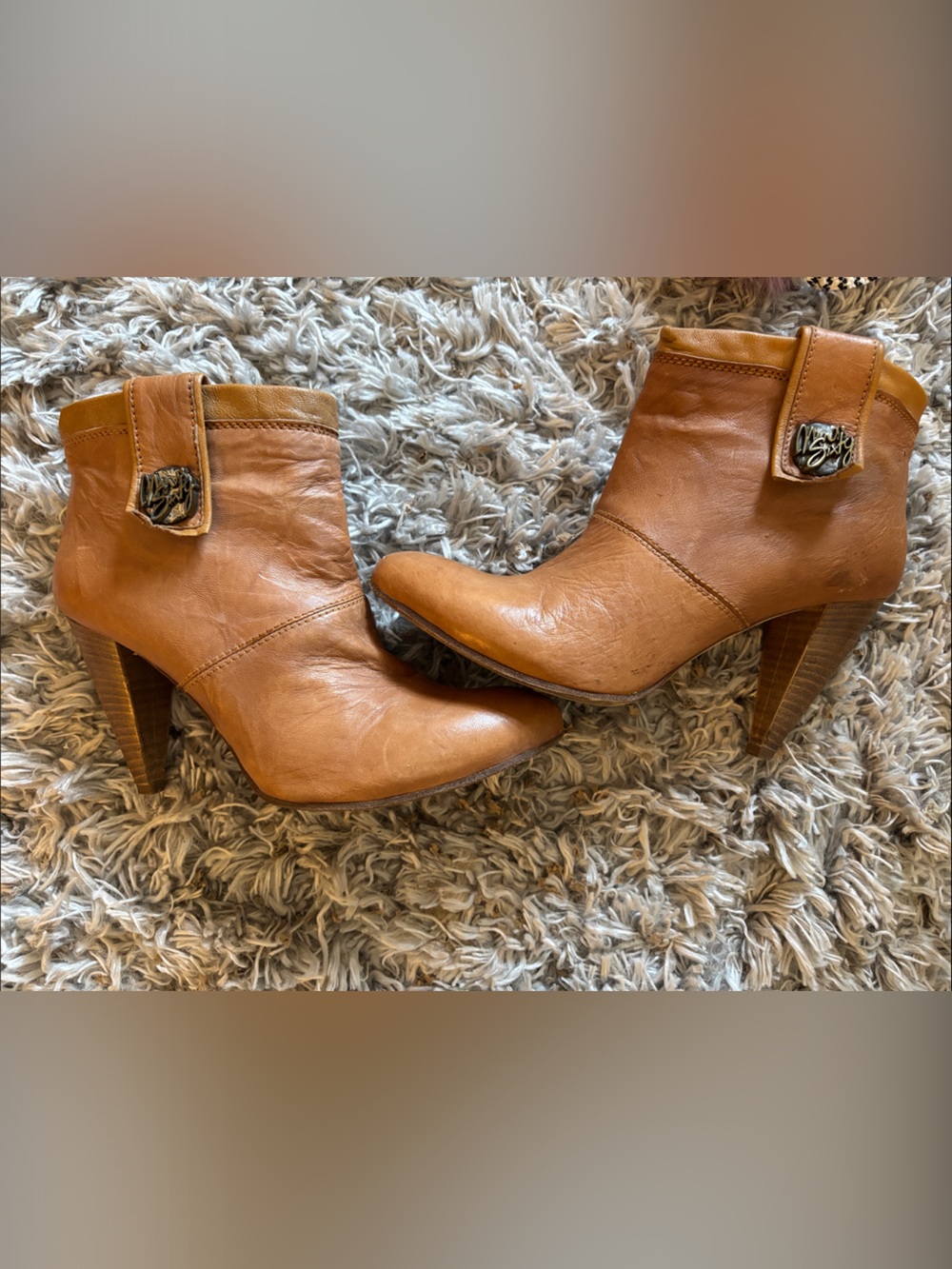Vintage Miss Sixty Booties Y2K tan cognac Leather Chunky Heel Moto